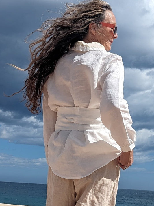 Hemp Linen white with yellow print back view - Hemp Horizon