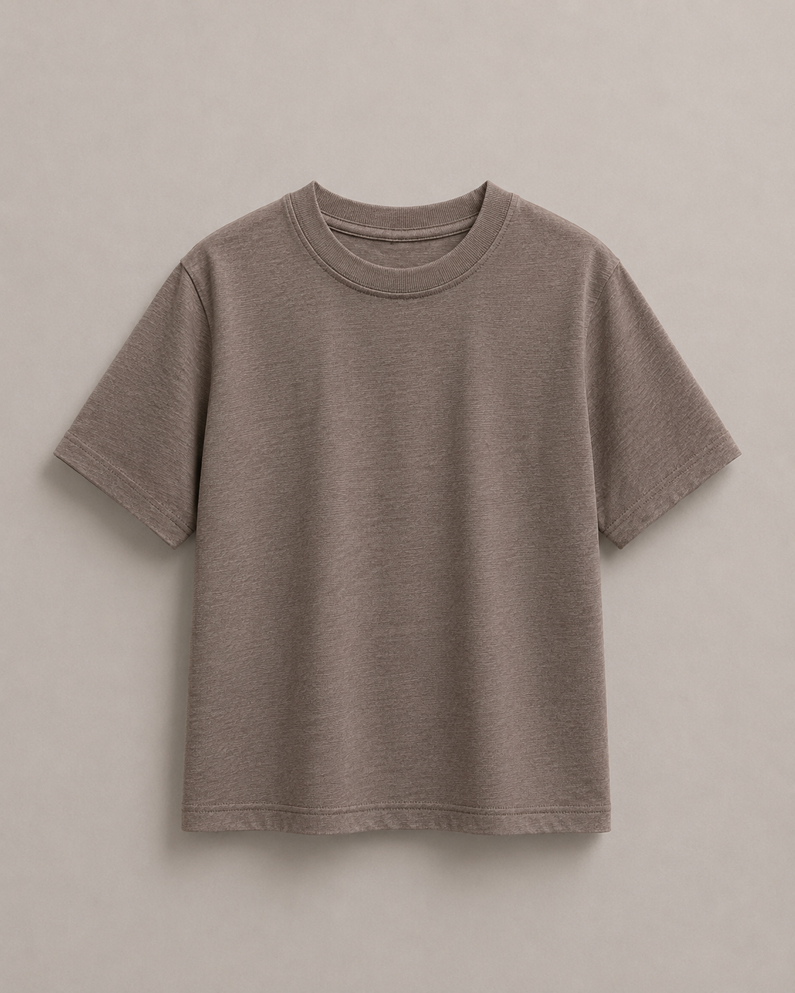A short-sleeve crewneck t-shirt in a muted mushroom color, displayed flat against a neutral light gray background. Hem Horizon