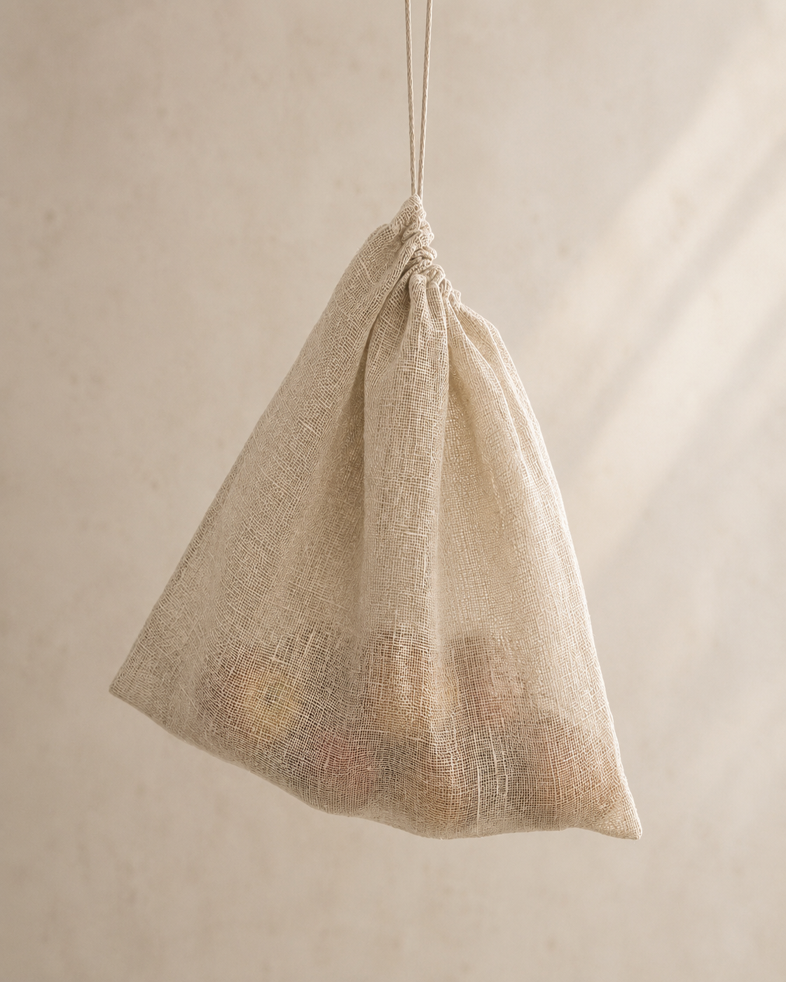 A natural beige cheesecloth drawstring bag filled with groceries, hanging against a textured beige wall with soft diagonal light shadows. Hemp Horizon