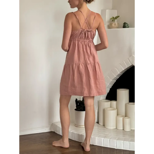 Back view of Hemp Linen Gathered Tiered Dress showing adjustable crossed straps