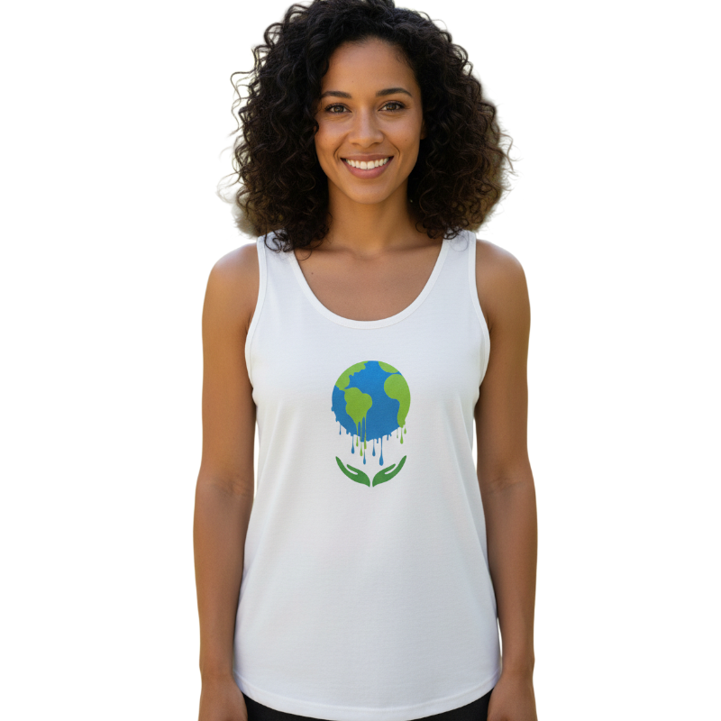 Woman wearing a white tank top with a graphic design on a white -Hemp Horizonbackground