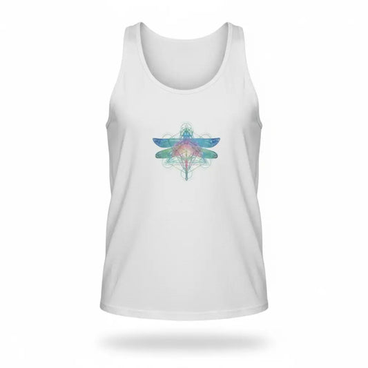 White tank top with a colorful dragonfly design on a white - background- Hemp Horizon