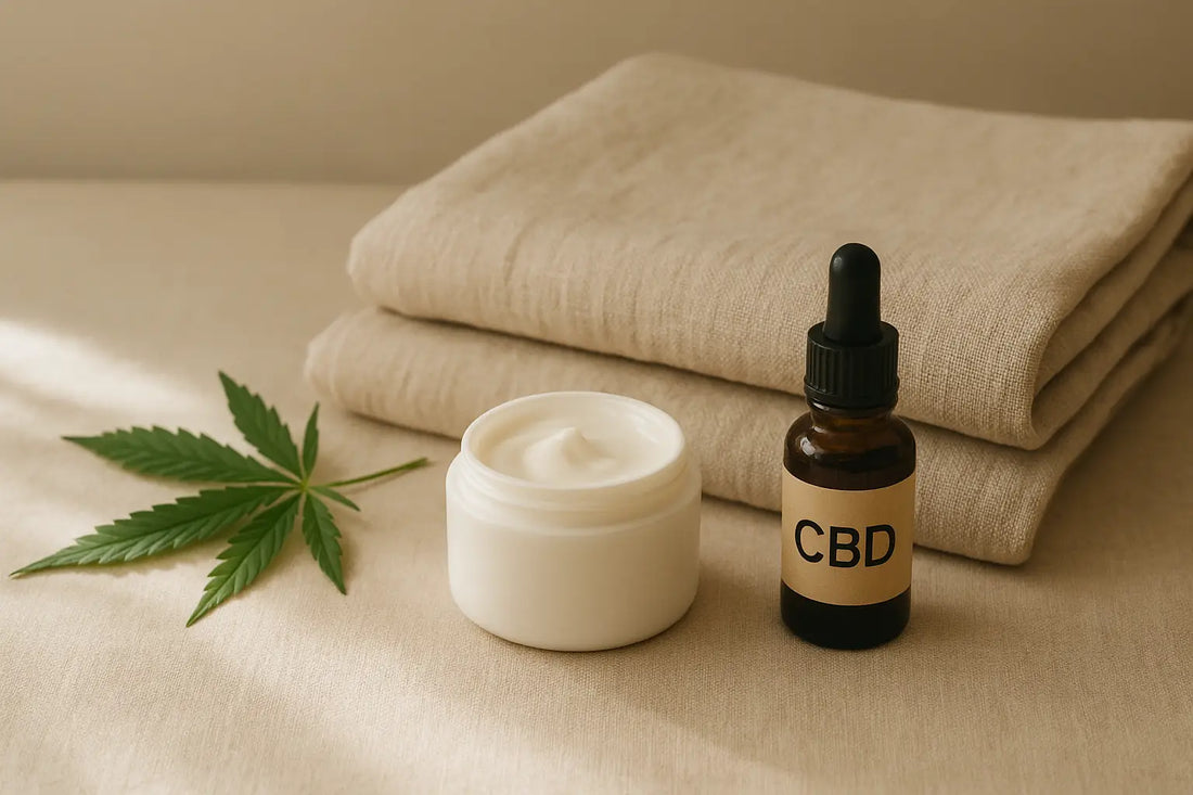 Folded hemp fabric with CBD skincare cream and amber dropper bottle, softly lit by natural sunlight — representing Hemp Horizon and HempWell partnership for natural skin wellness.