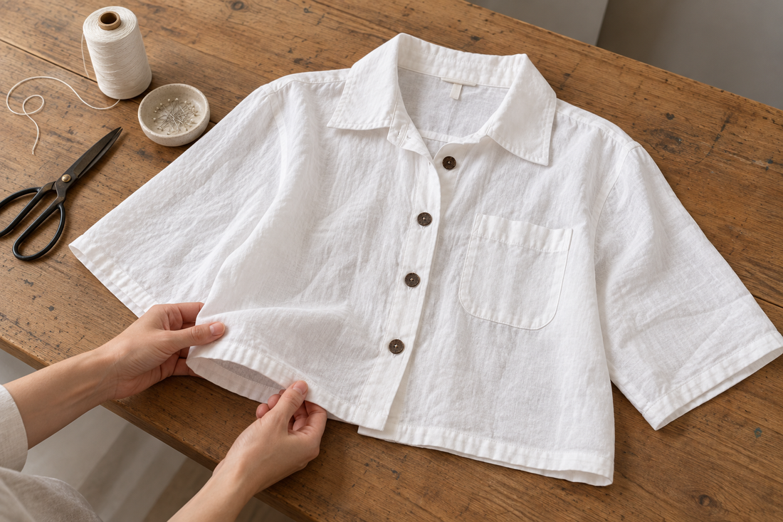 Hands checking the hem of Hemp Horizon's white cropped shirt.