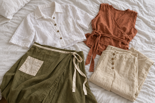 Hemp Horizon cropped shirt, olive wrap skirt, terracotta wrap top and natural trousers arranged for travel.