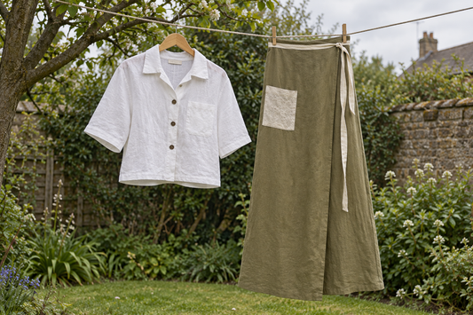 White cropped shirt and olive wrap skirt drying on a garden clothesline.