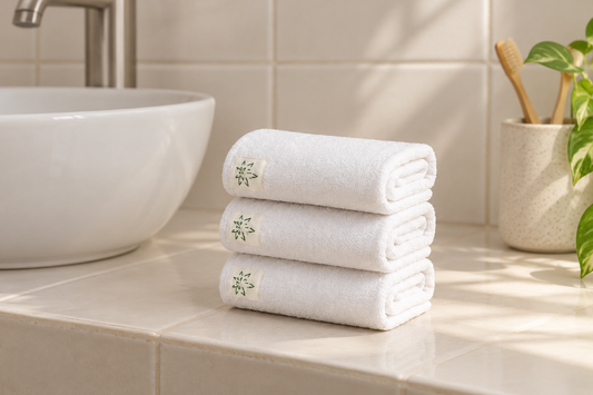 Three white Hemp Horizon face flannels beside a bathroom basin.
