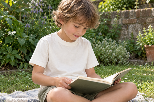 Child reading outdoors in an off-white Hemp Horizon T-shirt.