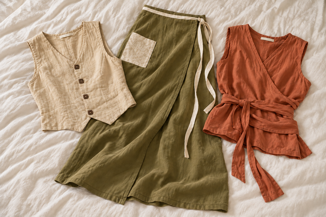 Natural waistcoat, olive wrap skirt and terracotta wrap top laid on cream bedding.