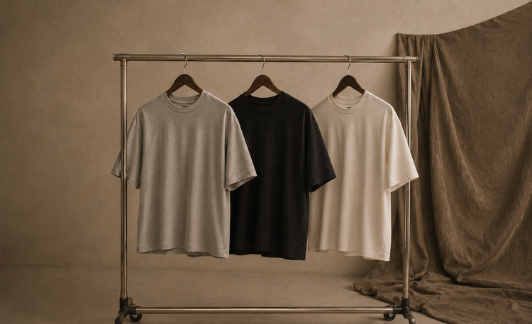 Three short-sleeve crew-neck t-shirts made out of hemp in light gray, black, and off-white hang on a metal clothing rack against a warm beige studio backdrop with draped fabric on the right.Hemp Horizon