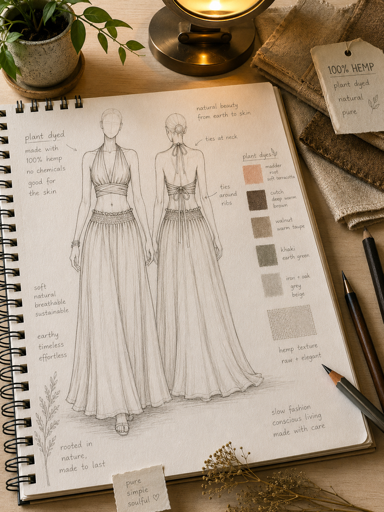 Full hemp skirt set with gathered crop top sketch on mood board - Hemp Horizon
