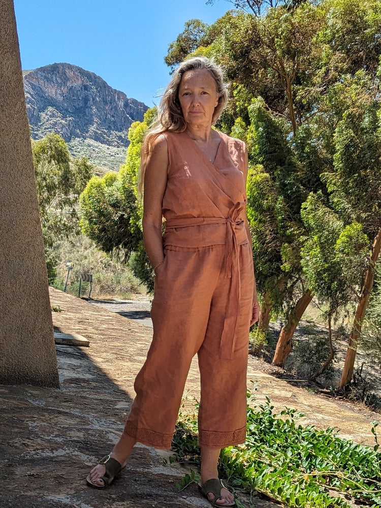Terracotta hemp and linen set with sleeveless wrap top and wide culotte style trousers - designed by Hemp Horizon