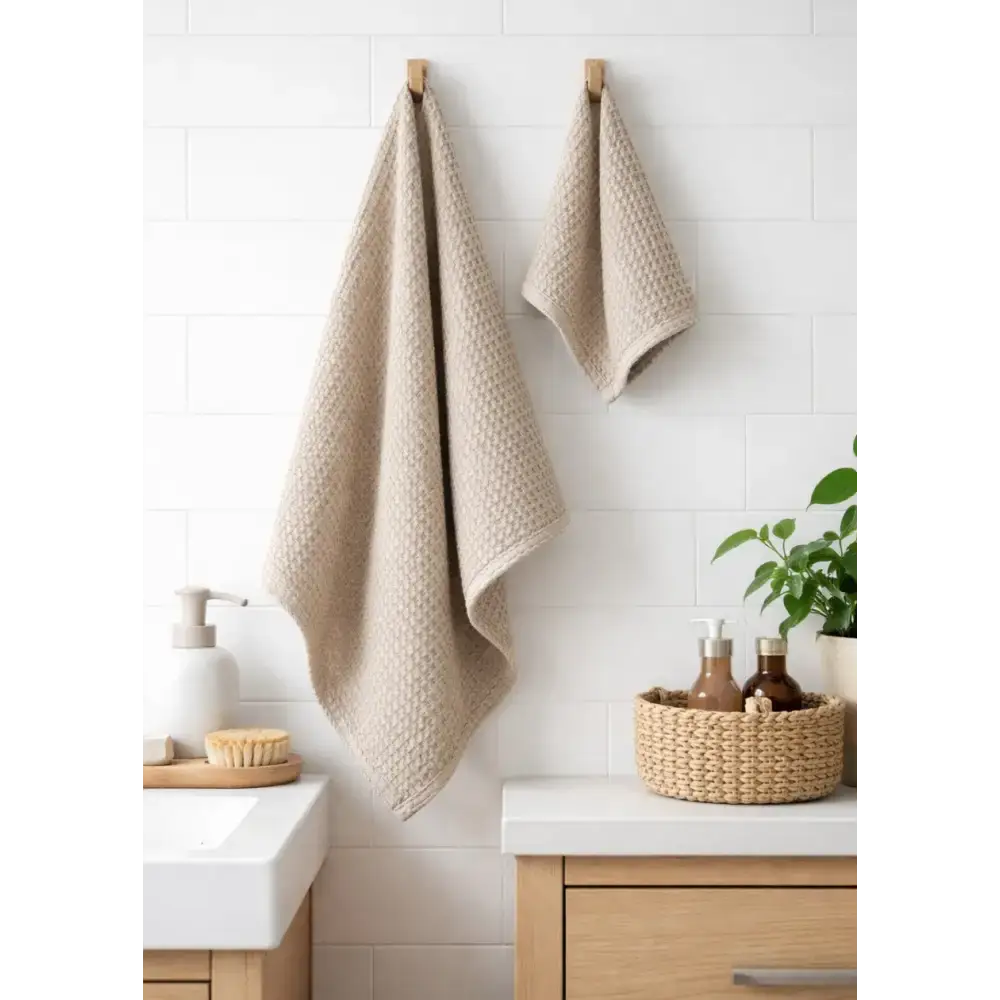 Beige towels hanging on a towel rack in a bathroom with a white tiled wall and wooden cabinet.
