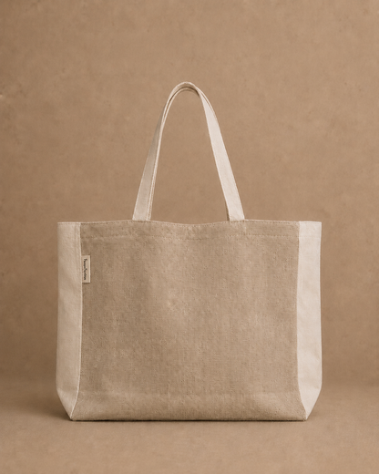A Hemp canvas tote bag in a light beige color with cream-colored handles and side panels, shown against a matching textured beige background, with internal pocket - Hemp Horizon