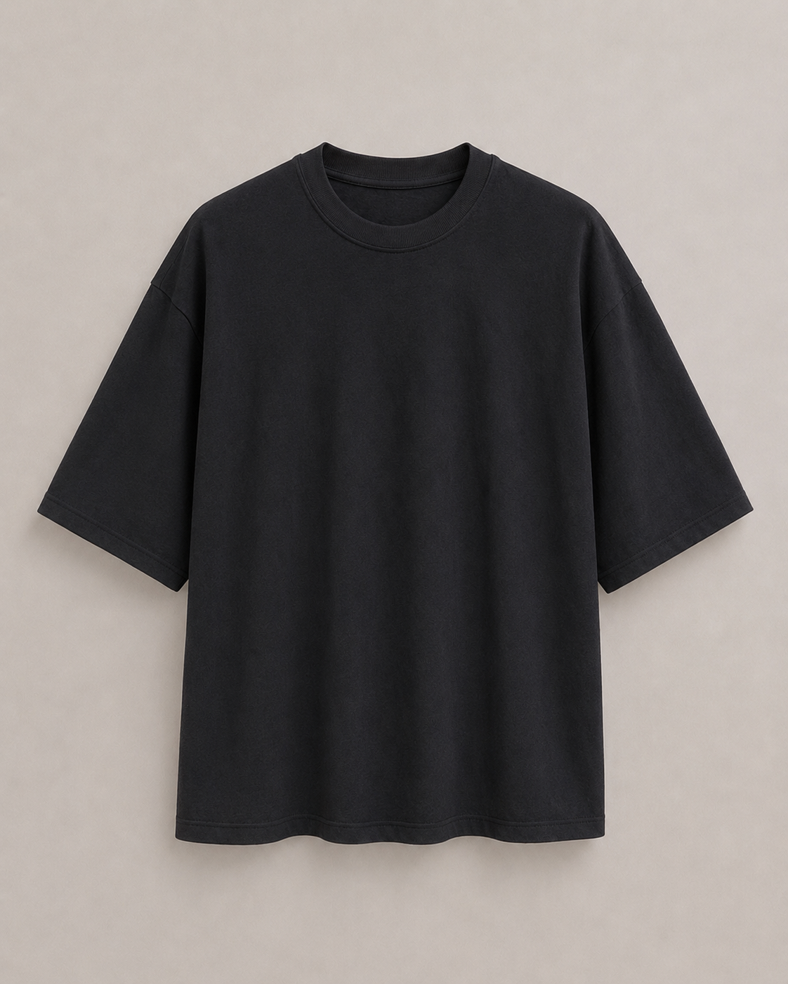 A black bamboo short-sleeve t-shirt displayed flat against a neutral, light beige background. Hemp Horizon