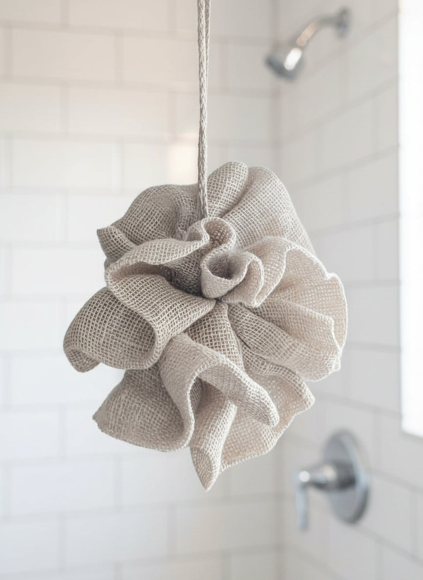 Beige bath pouf hanging on a hook with a plant in the background