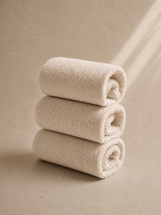 Three Hemp terry towels  rolled on a beige background - Hemp Horizon