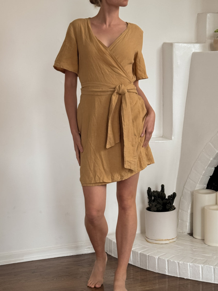 Hemp Linen ochre midi wrap dress - Hemp Horizon