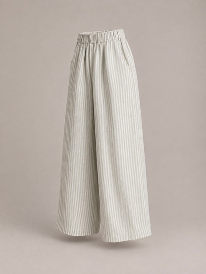 100% Hemp Wide-Leg Striped Trousers
