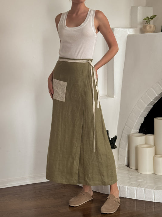 Hemp linen olive maxi wrap skirt - Hemp Horizon