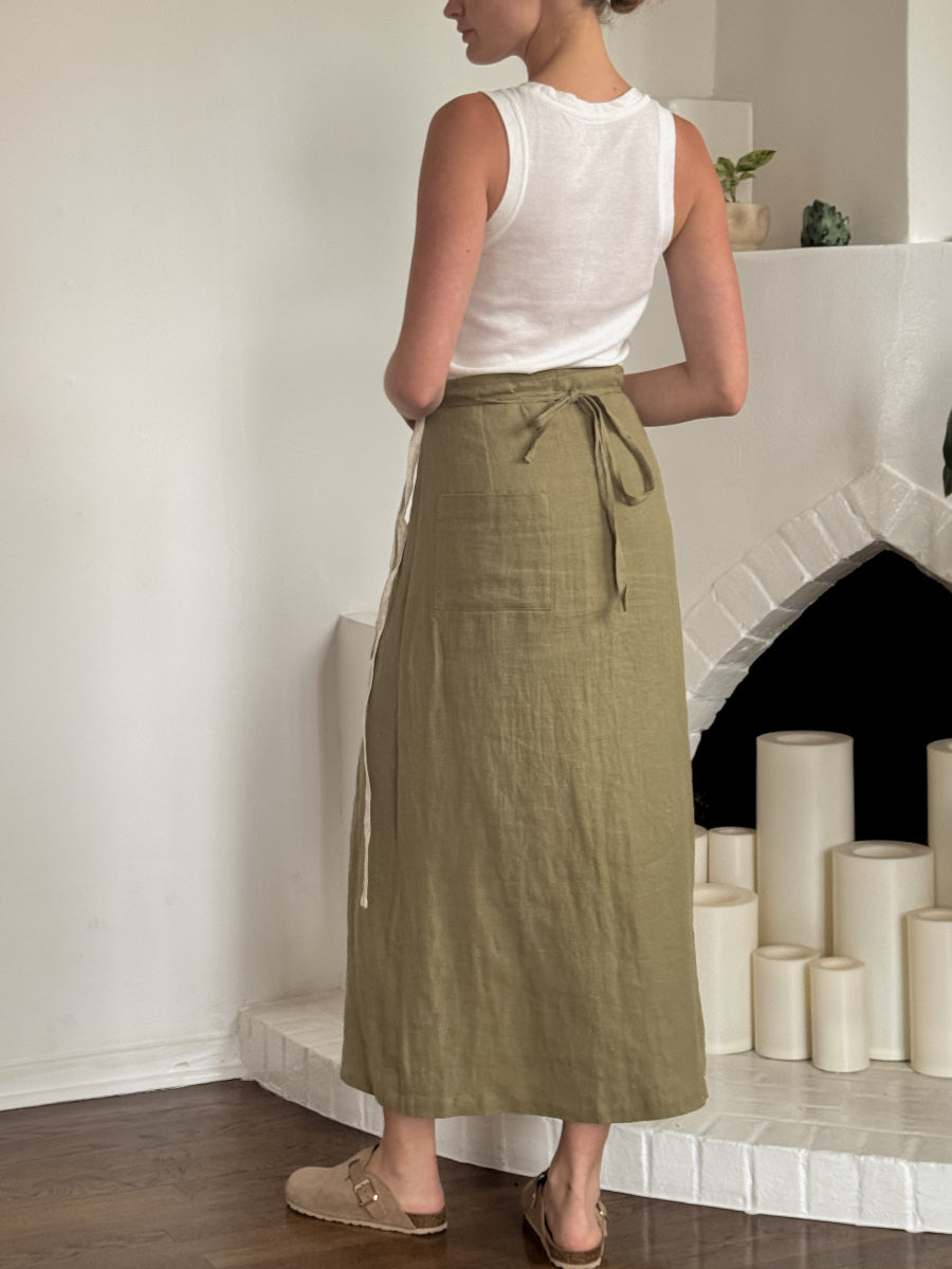 Hemp linen olive maxi wrap skirt with printed pocket- Hemp Horizon