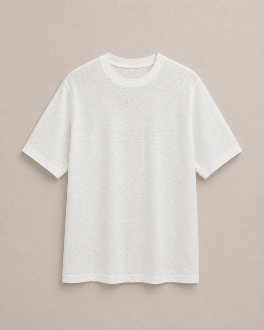 A plain Ivory Hemp and organic cotton short-sleeve crew neck t-shirt laid flat against a solid beige background. Hemp  HorizonHorizon