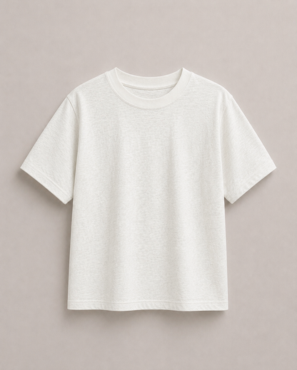A plain white Hemp organic cotton short-sleeve t-shirt laid flat against a solid, warm gray-beige background. Hemp Horizon