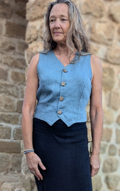 Hemp Horizon black maxi skirt with blue waist coat - Hemp Horizon