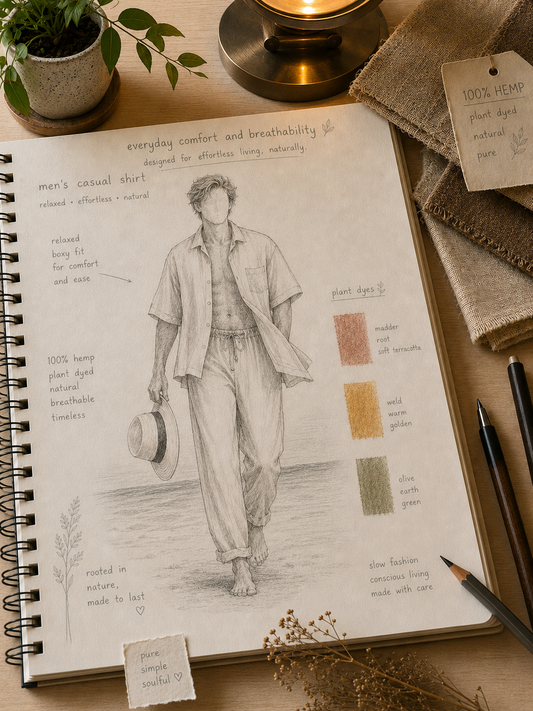 Notebook with a fashion illustration and notes on a wooden surface with a plant and candle in hemp boxy relaxed outfit - Hemp Horizon