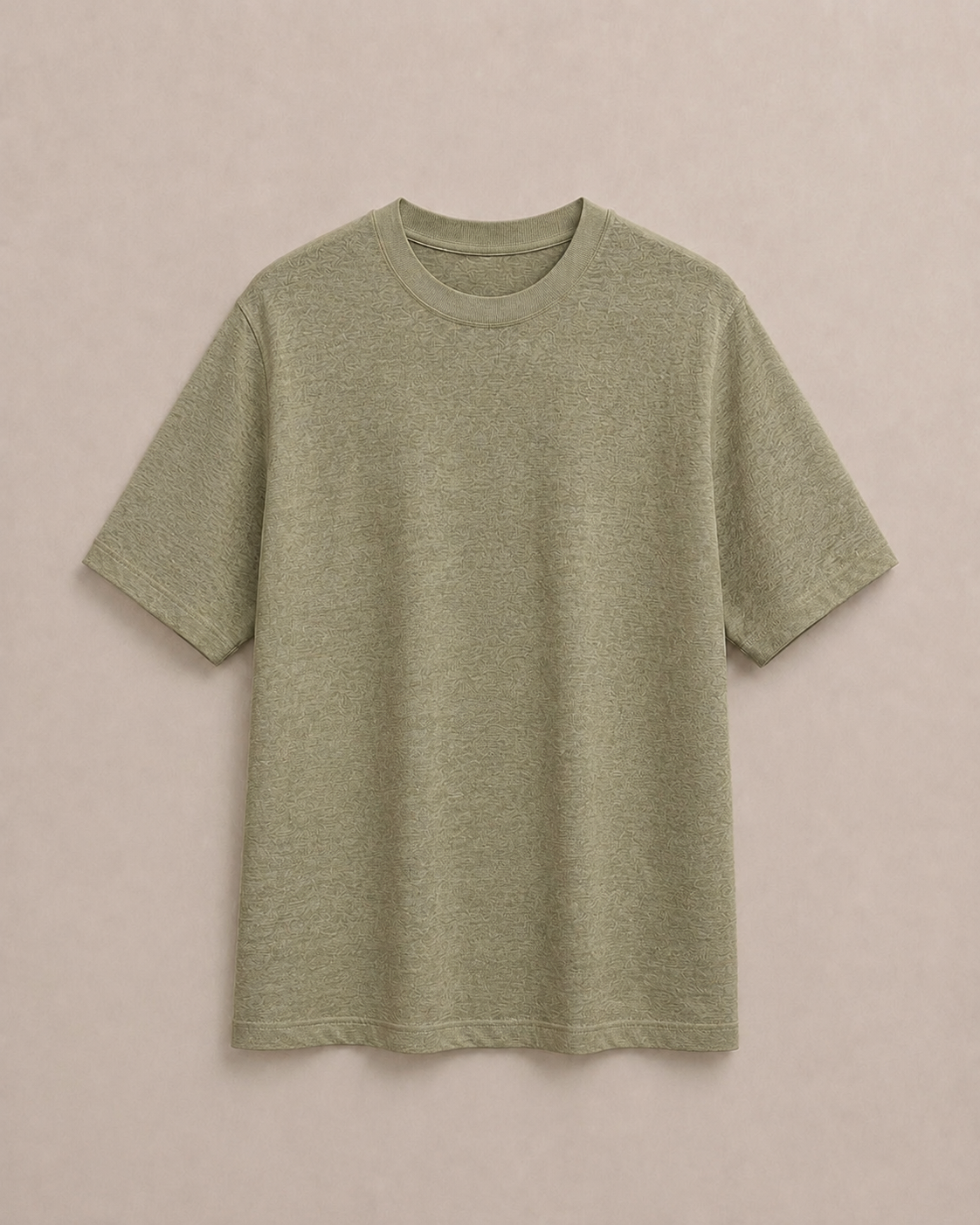 A short-sleeve pure Hemp t-shirt in a light Olive color, laid flat against a solid light beige background. Hemp Horizon