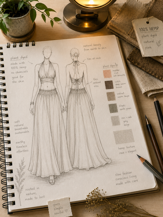 Design sketch of a dress on a notebook with color swatches and text, surrounded by stationery items.