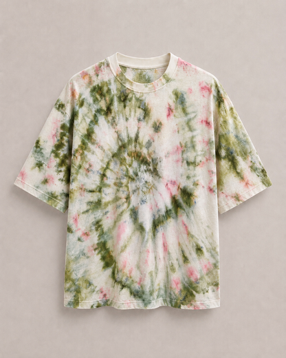 A short-sleeve ice-dye t-shirt with a spiral pattern in green, pink, and white, displayed flat against a neutral gray background. Hemp Horizon