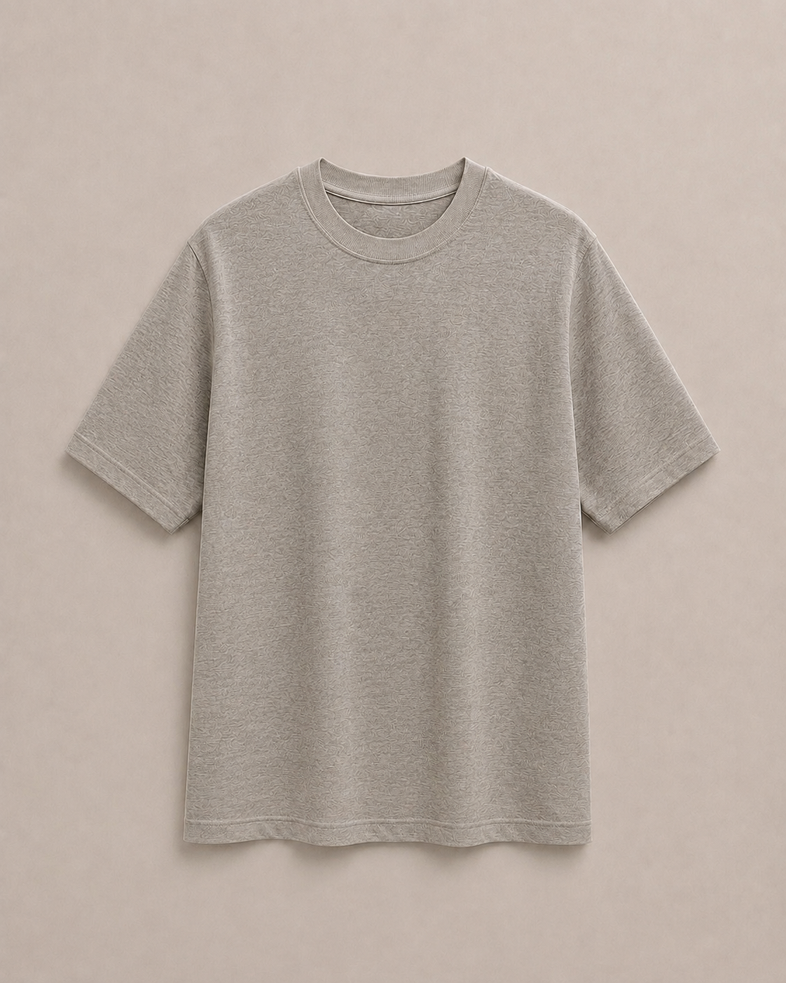 A Pure Hemp Stone short-sleeve crewneck t-shirt, presented flat against a solid light beige background. Hemp Horizon