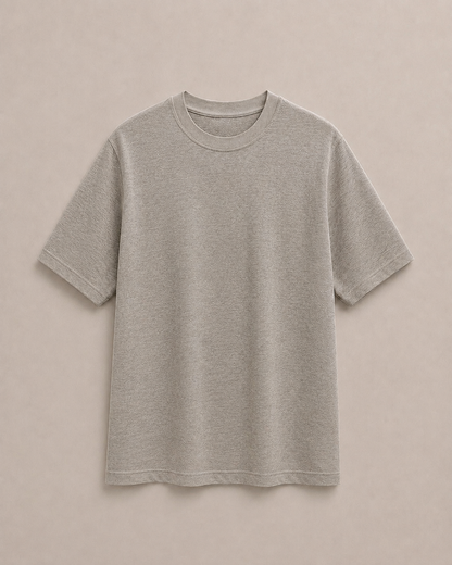 A Pure Hemp Stone short-sleeve crewneck t-shirt, presented flat against a solid light beige background. Hemp Horizon