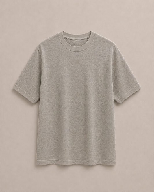 A Pure Hemp Stone short-sleeve crewneck t-shirt, presented flat against a solid light beige background. Hemp Horizon