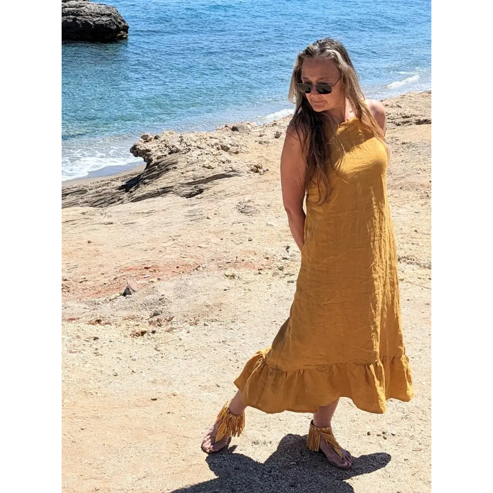Deep ochre low back dress made from hemp linen - Hemp Horizon