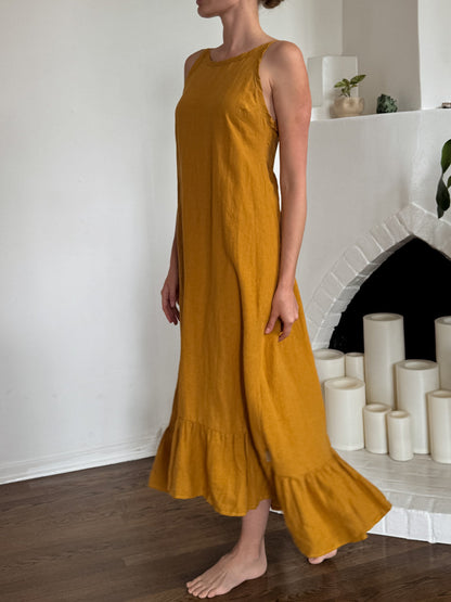 Linen and hemp deep ochre low back dress- Hemp Horizon