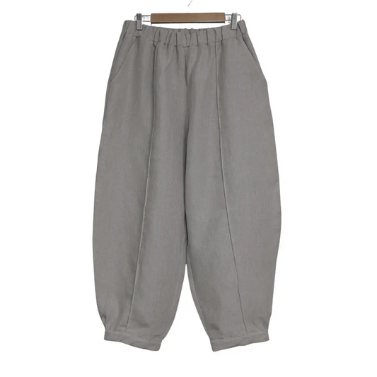 Gray Hemp barrel pants on a hanger against a white background-Hemp Horizon