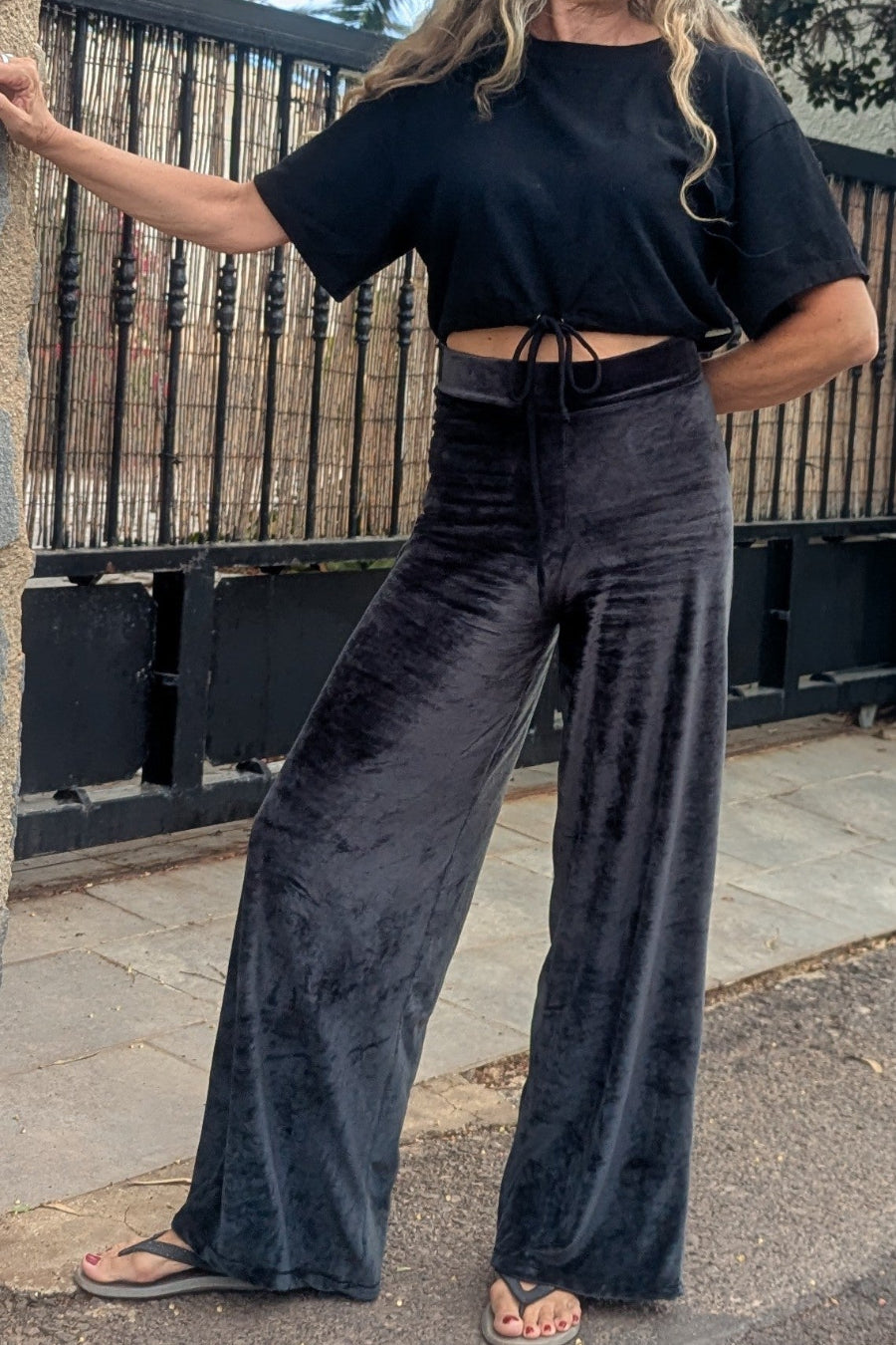 Hemp Bamboo velour black stretch wide pants - Hemp Horizon