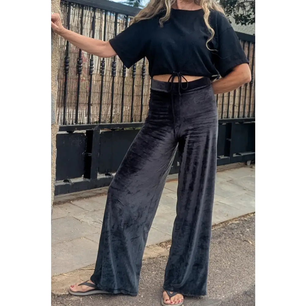Hemp Bamboo velour black stretch wide pants - Hemp Horizon