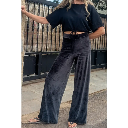 Hemp Bamboo velour black stretch wide pants - Hemp Horizon