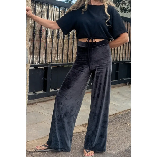Hemp Bamboo velour black stretch wide pants - Hemp Horizon