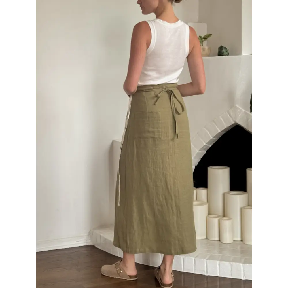 Hemp linen olive maxi wrap skirt with printed pocket- Hemp Horizon