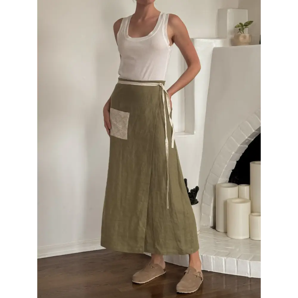 Hemp linen olive maxi wrap skirt - Hemp Horizon