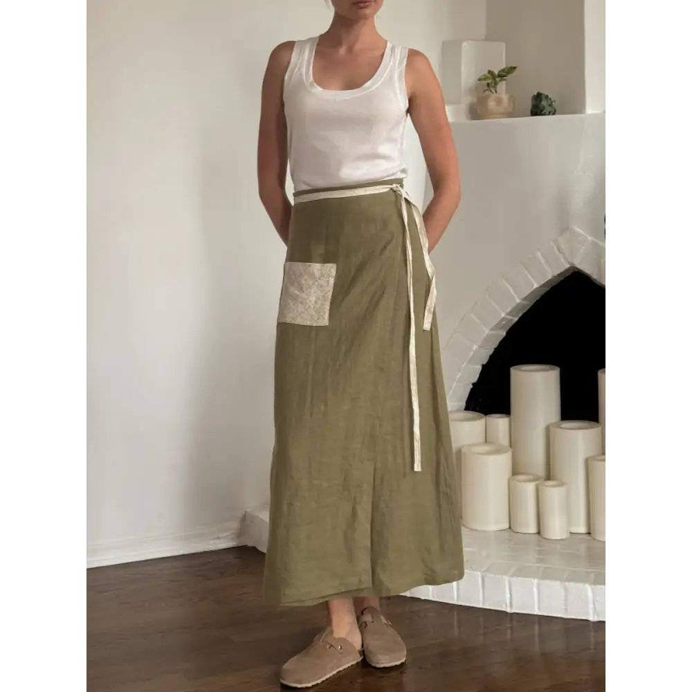 Hemp linen olive maxi wrap skirt with pockets- Hemp Horizon