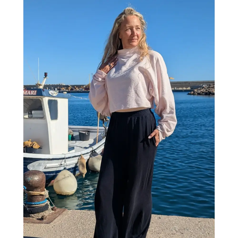 Soft pink fuzzy cropped sweatshirt with long sleeves, Elsie Hemp palazzo jersey pants