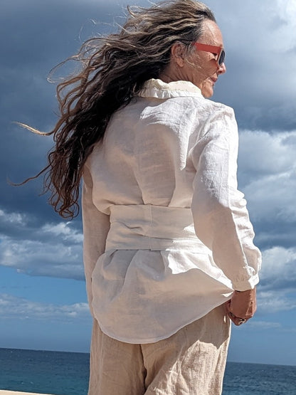 Hemp Linen white with yellow print  back view - Hemp Horizon