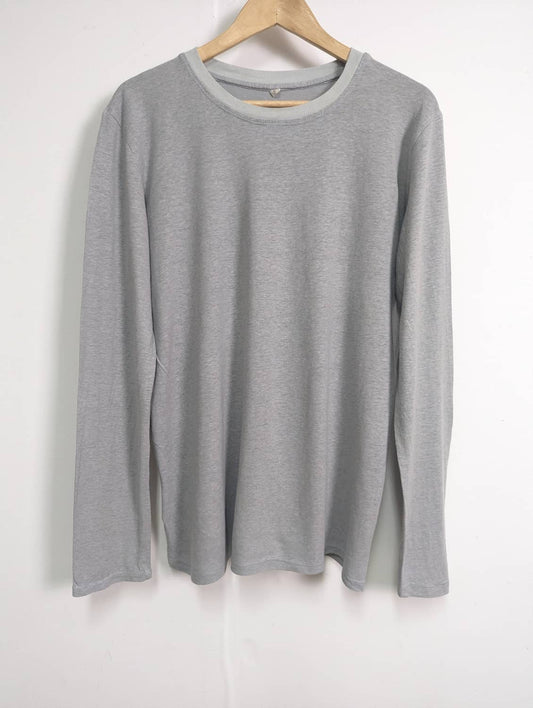 Grey long-sleeved hemp t-shirt on a hanger