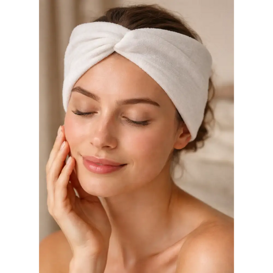 Woman wearing a white turban handmade by Hemp Horizon