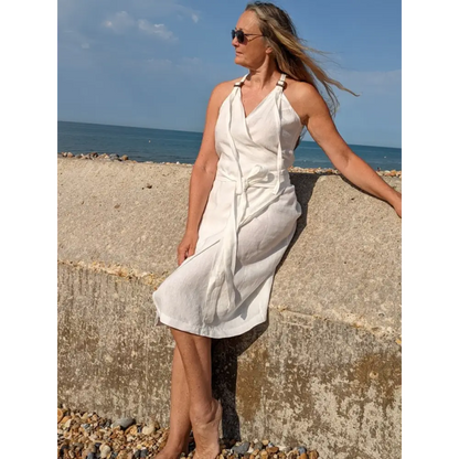 Hemp and Linen wrap dress with coconut buttons  in white- Hemp Horizon